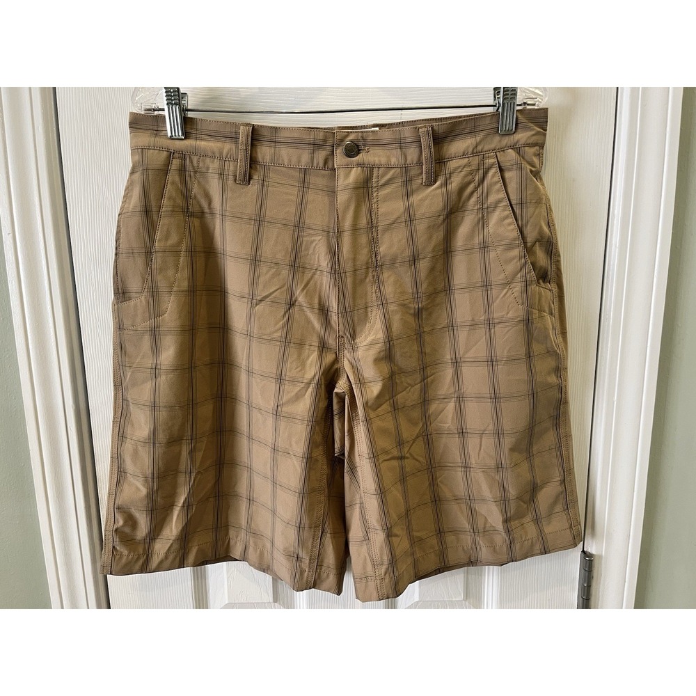 Mountain Khakis Men's Plaid Performance Shorts 34x10 Tan Windowpane Flat Front